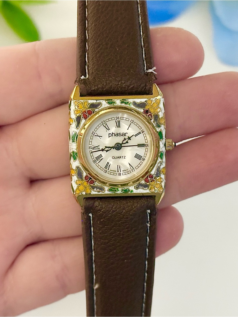 Vintage Phasar 14k Gold Cloisonné Enamel Watch Colorful Floral Pearl Dial Square